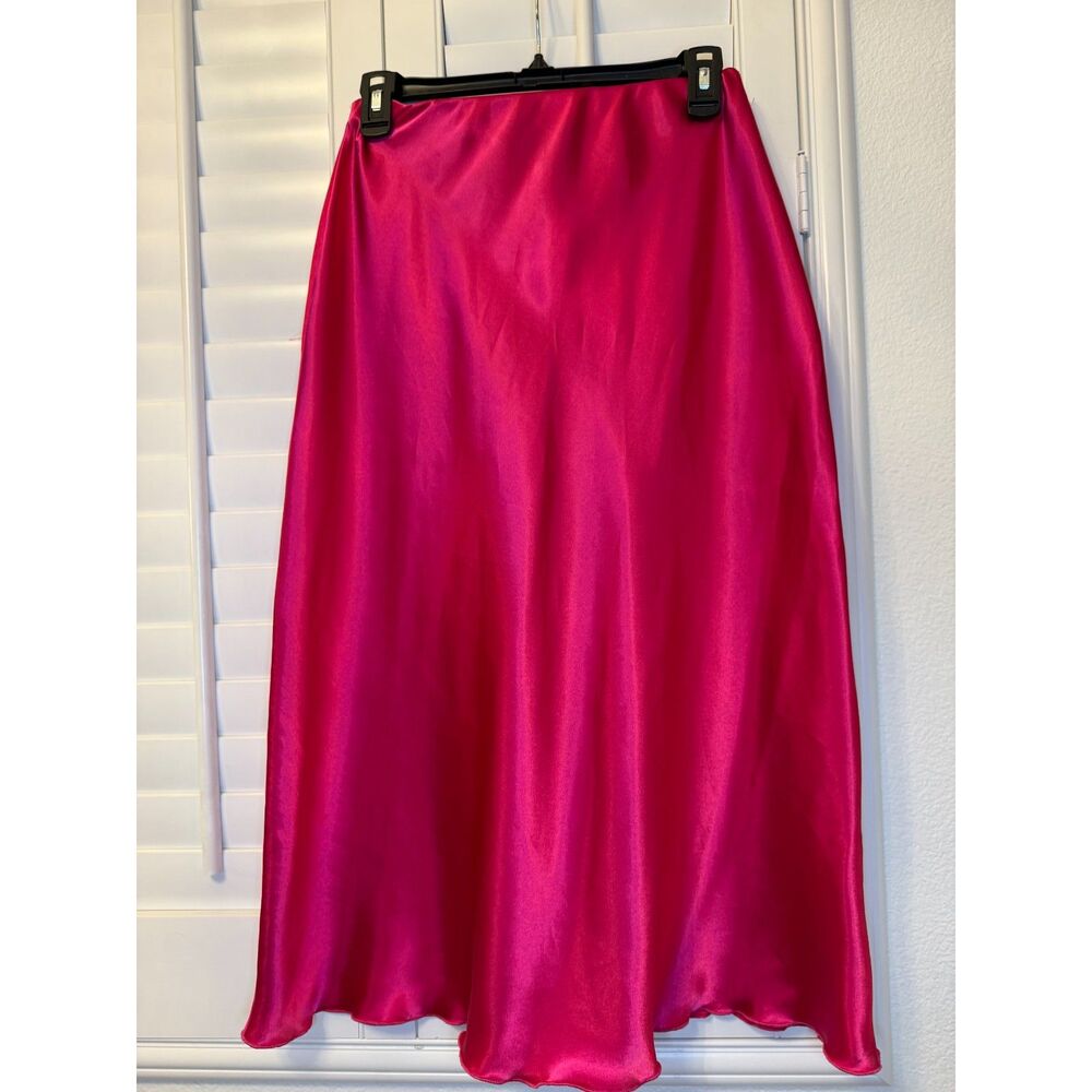 Nicole Miller New York Hot Pink Satin Midi Skirt Size Small Silk Look Slip Skirt